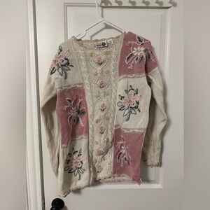 Vintage Paul Harris designs Floral Knit Sweater embroidered- Pink and Cream